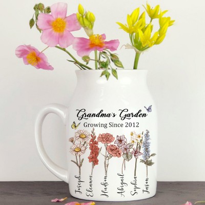 Custom Grandma's Garden Birth Flower Vase With Grandkids Name For Mother's Day Gift Ideas