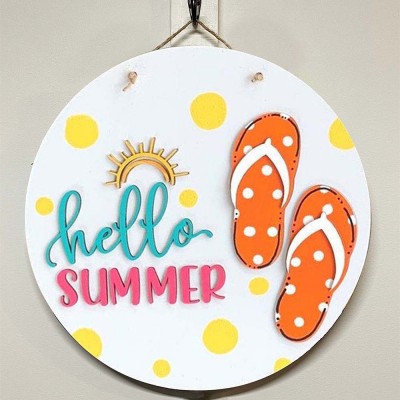 Wooden Hello Summer Door Hanger Farmhouse Decor Entry Way Wall Welcome Sign