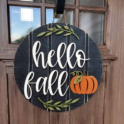 Hello Fall Door Hanger Farmhouse Entry Way Wall Home Decor Welcome Sign