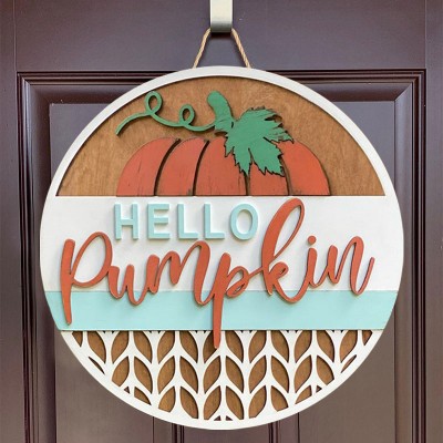 Hello Fall Pumpkin Door Hanger Farmhouse Entry Way Wall Home Decor Welcome Sign