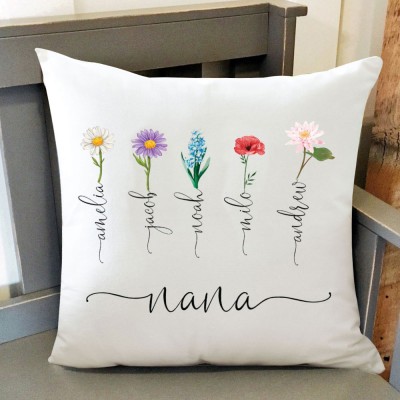 Personalized Grandma's Garden Birth Flower Pillow With Grandkids Names For Nana Mother's Day