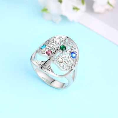 S925 Sterling Silver Personalized Family Tree Ring with 1-6 Birthstones