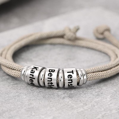 Mens Personalised Engraved Name Beads Bracelet With 1-10 Beads