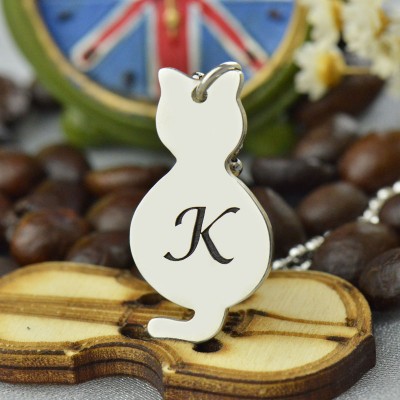 Personalized Tiny Cat Initial Pendant Necklace