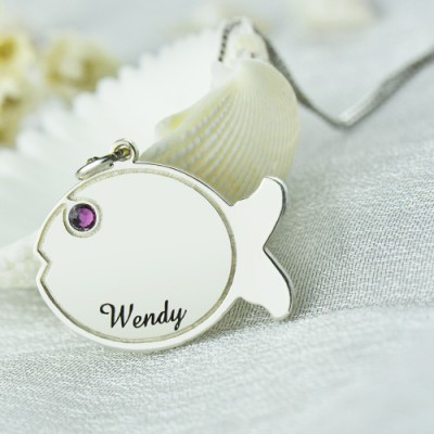 Fish Birthstone Necklace Engraved Name