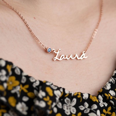 Silver Personalized " Carrie " Style Name Necklace With Birthstone
