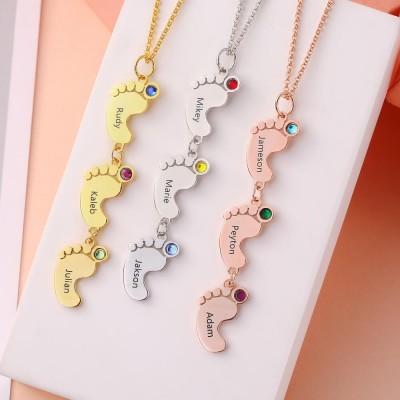 Custom Vertical 1-10 Baby Feet Charms Personalized Name Necklace with Birthstone