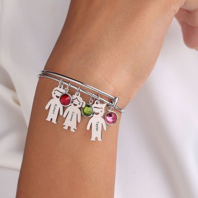 Silver Custom 1-12 Charms Kids Engraved Name Bracelet Bangle With Birthstone