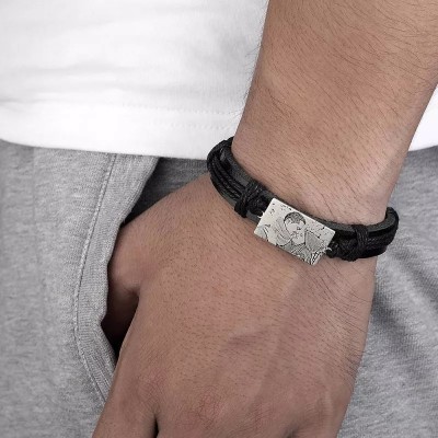 Men's Rectangle Photo Engraved Tag Black Leather Bracelets