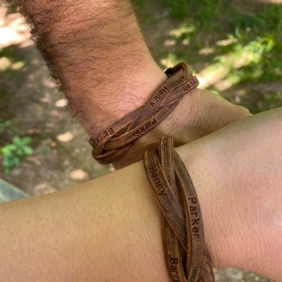 Custom Brown Leather Men Bracelet With 1-12 Names For Him Her