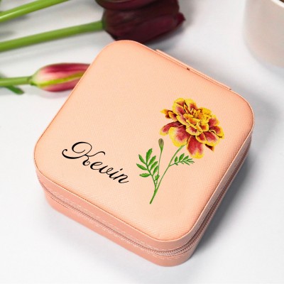 Personalized Birth Flower Jewelry Travel Box Bridesmaid Gift Case With Name