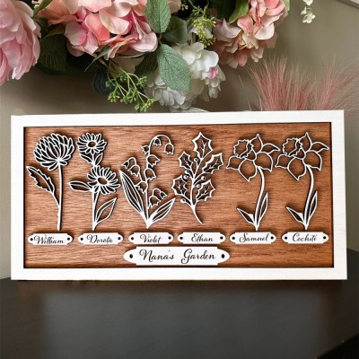 Custom Nana's Garden Birth Month Flower Frame With Grandkids Names For Christmas Day Gift Ideas