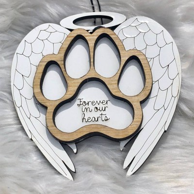 Personalized Wood Pet Paw Memorial Ornament with Angel Wings Name Engraved