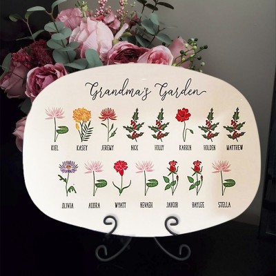 Grandma's Garden Personalized Birth Month Flower Family Platter With Grandchildren's Names