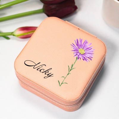 Personalized Birth Flower Jewelry Travel Boxes Case With Name