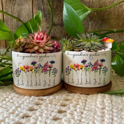 Custom Grandma's Garden Plant Pot With Grandkids Name and Birth Month Flower For Mother's Day