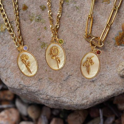Personalized Dainty Birth Month Flower Mother Shell Gold Necklace With Birthstone For Mom