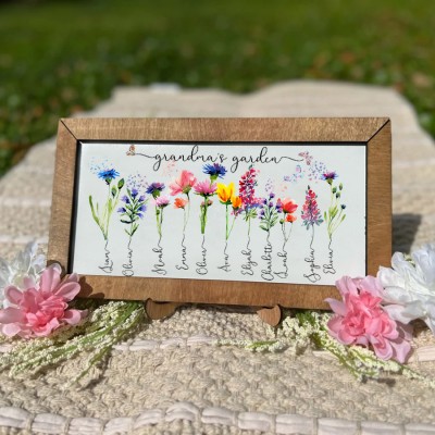 Custom Grandma's Garden Frame With Grandkids Names and Birth Month Flower For Christmas Day Gift Ideas