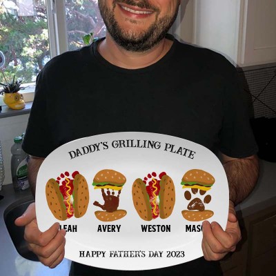 Custom Daddy's Grilling Plate Burger Hot Dog Handprint Footprint Platter With Kids Name For Father's Day