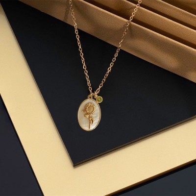 Personalized Dainty Birth Month Flower Mother Shell Gold Necklace With Birthstone For Mom