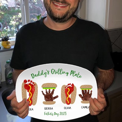 Personalized Burger Hot Dog Handprint Footprint Plate With Name For Father's Day