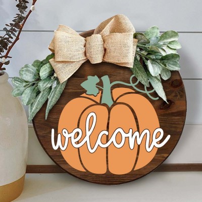 Wooden Fall Wreath Front Door Hanger Farmhouse Decor Entry Way Wall Welcome Sign