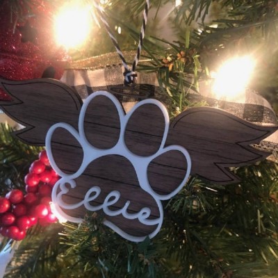 Personalized Wood Pet Paw Memorial Ornament with Wings Name Engraved