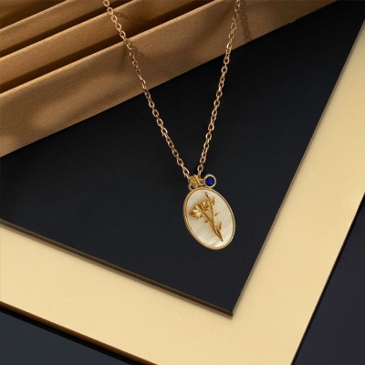 Personalized Dainty Birth Month Flower Mother Shell Gold Necklace With Birthstone For Mom