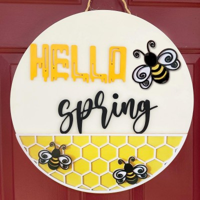 Wooden Hello Spring Door Hanger Farmhouse Decor Entry Way Wall Welcome Sign