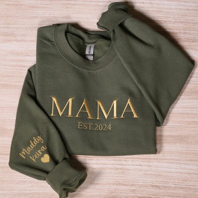Custom Embroidered Mama Sweatshirt with Kids Names on Sleeve For New Mum Mother's Day Gift