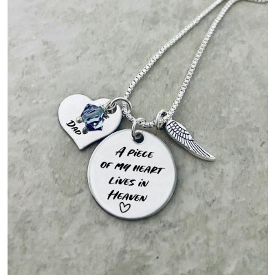 Personalized A Piece of My Heart Lives In Heaven Birthstone Necklace with Angel Wing