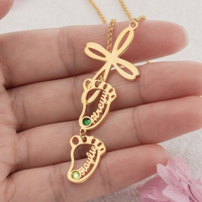 Personalized Mom 1-10 Baby Feet Charms Name Necklace With Birthstone