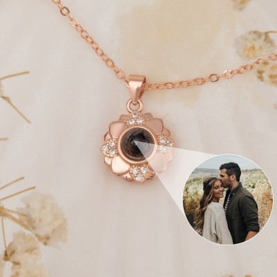 Personalized Photo Projection Sunflower Charm Necklace For Couple Valentine's Day Gift