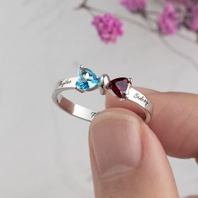 S925 Sterling Silver Personalised 2 Names Birthstone Bow Ring