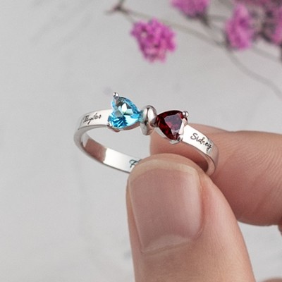 S925 Sterling Silver Personalised 2 Names Birthstone Bow Ring