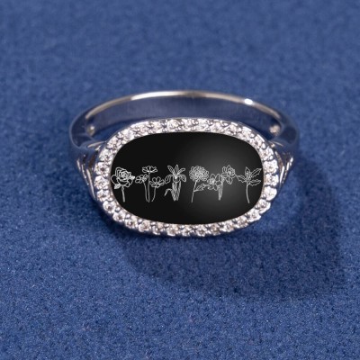 Personalized Birth Month Flower Ring Black Agate For Family Mom