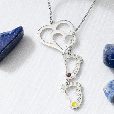 Personalized Baby Feet Charms Name Necklace With Birthstone For Mom Christmas's Day