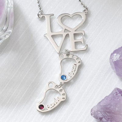 Personalized Love Baby Feet Charms Name Necklace With Birthstone For Mom Grandma