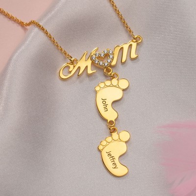 Personalized MoM Heart Engraved Name Necklaces With 1-10 Baby Feet Charms