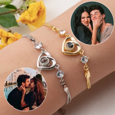 Custom Photo Projection Heart Charm Bracelet For Wife Soulmate Valentine's Day Gift Ideas