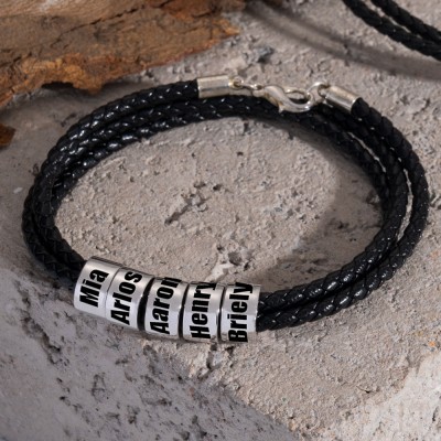 Custom 1-10 Beads With Name Black Leather Men Bracelet For Him Father's Day