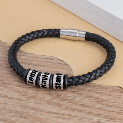 Custom 1-10 Beads With Name Black Leather Men Bracelet For Him Father's Day