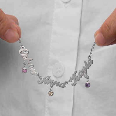 Silver Personalized Name Necklace With 1-6 Names and Birthstones