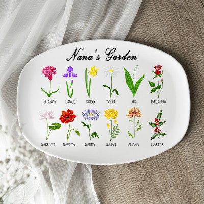 Grandma's Garden Plate Personalized Birth Month Flower Platter With Grandchildren's Name For Mother's Christmas Day