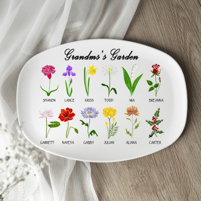 Personalized Birth Month Flower Platter With Grandchildren Names Grandma's Garden For Mom Family