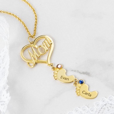 Personalized MOM Heart Pendant With Baby Feet Necklace 1-10 Name and Birthstone For Mother's Day Gift Ideas