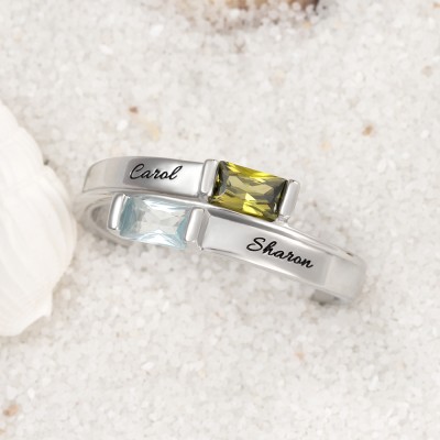 S925 Silver Double Baguette Bypass Name Birthstone Ring