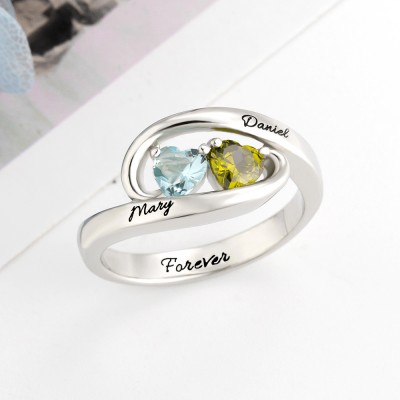 S925 Sterling Silver Personalised Pair of Hearts Infinite Birthstone Name Ring
