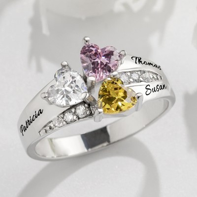 Personalised Three Heart Birthstone Mother's Name Ring