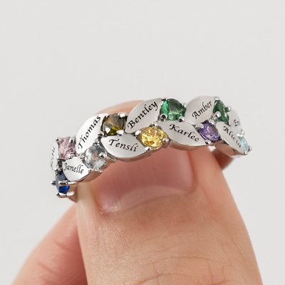 S925 Silver Personalized Heart Birthstone Ring Family Ring Gift With 1-9 Names